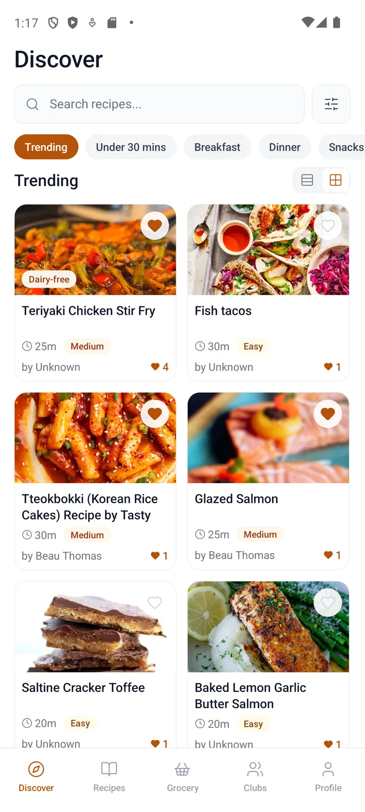 Cookcart Discover screen showing trending recipes with cook times, difficulty, and likes