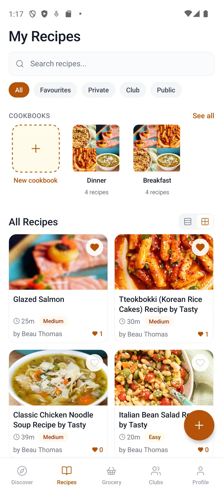 Cookcart My Recipes screen showing cookbooks and saved recipes in a grid
