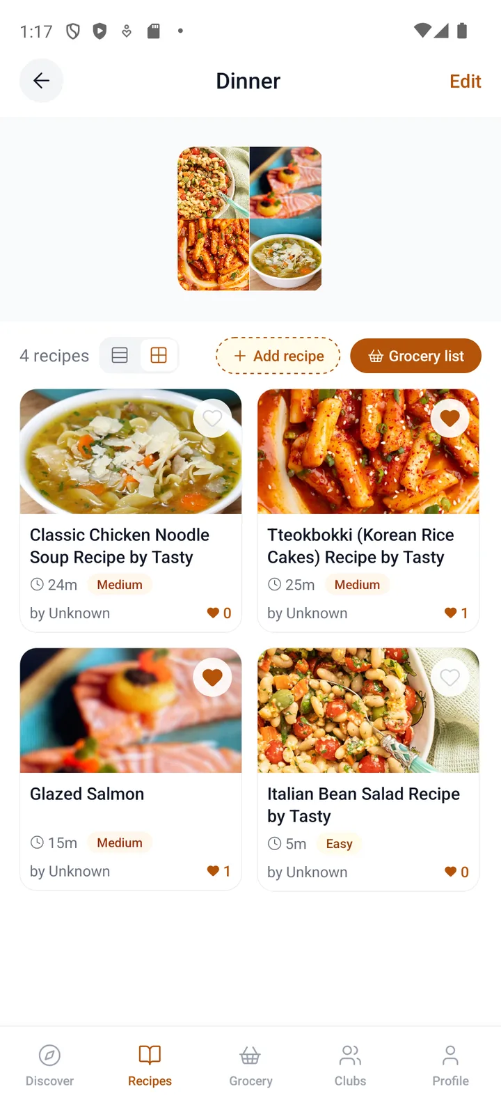 Cookcart Dinner cookbook screen with four recipes and a Grocery list button