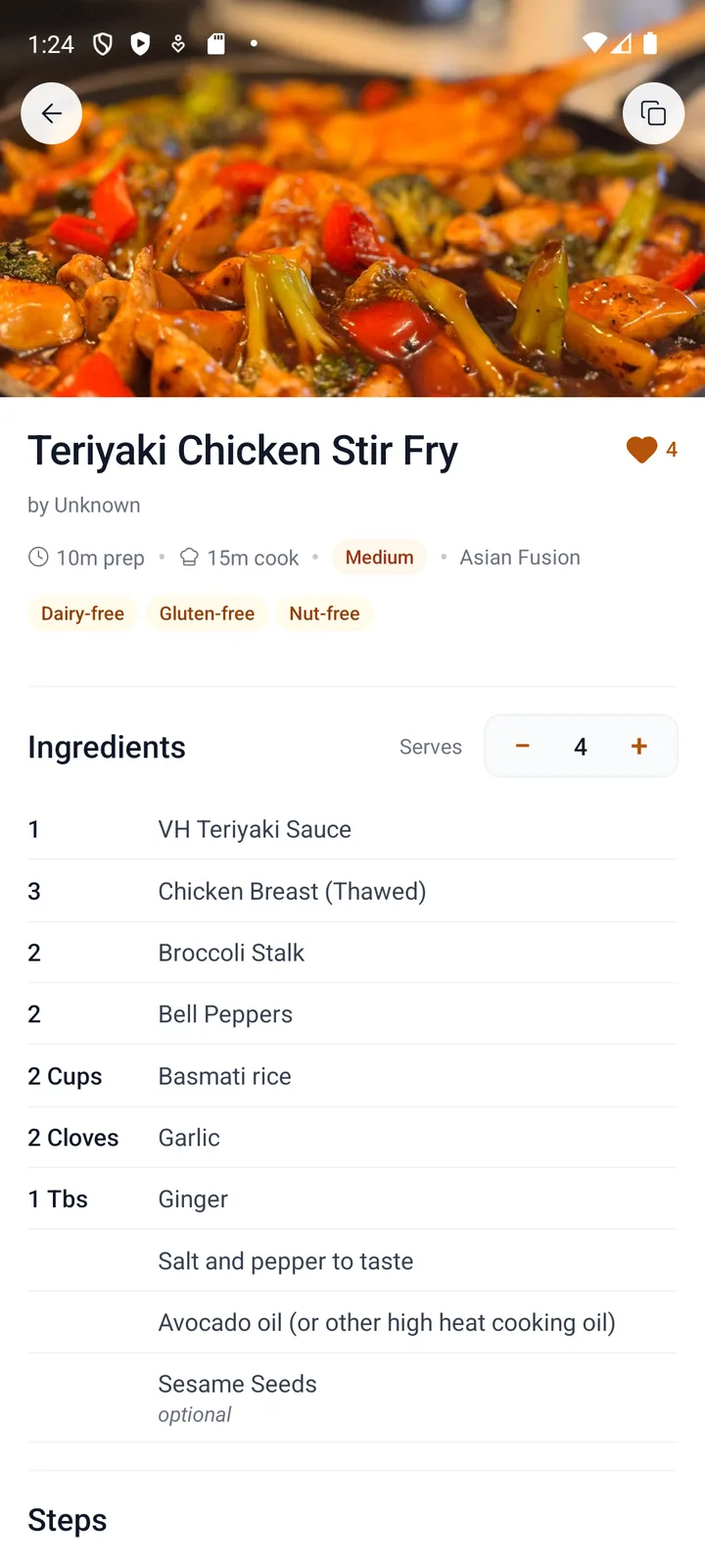 Cookcart recipe detail screen for Teriyaki Chicken Stir Fry showing diet tags and adjustable servings