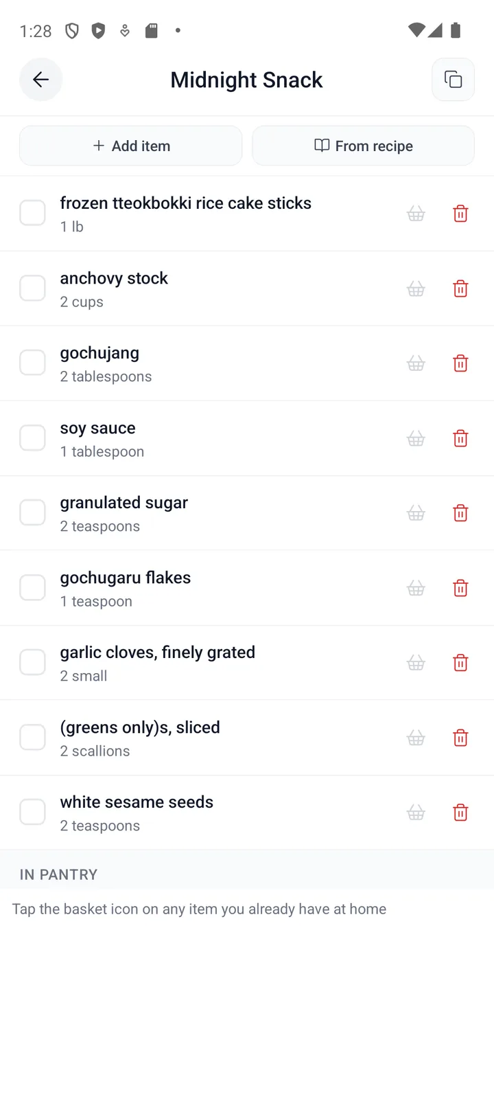 Cookcart grocery list screen with checkable items, add from recipe, and pantry section