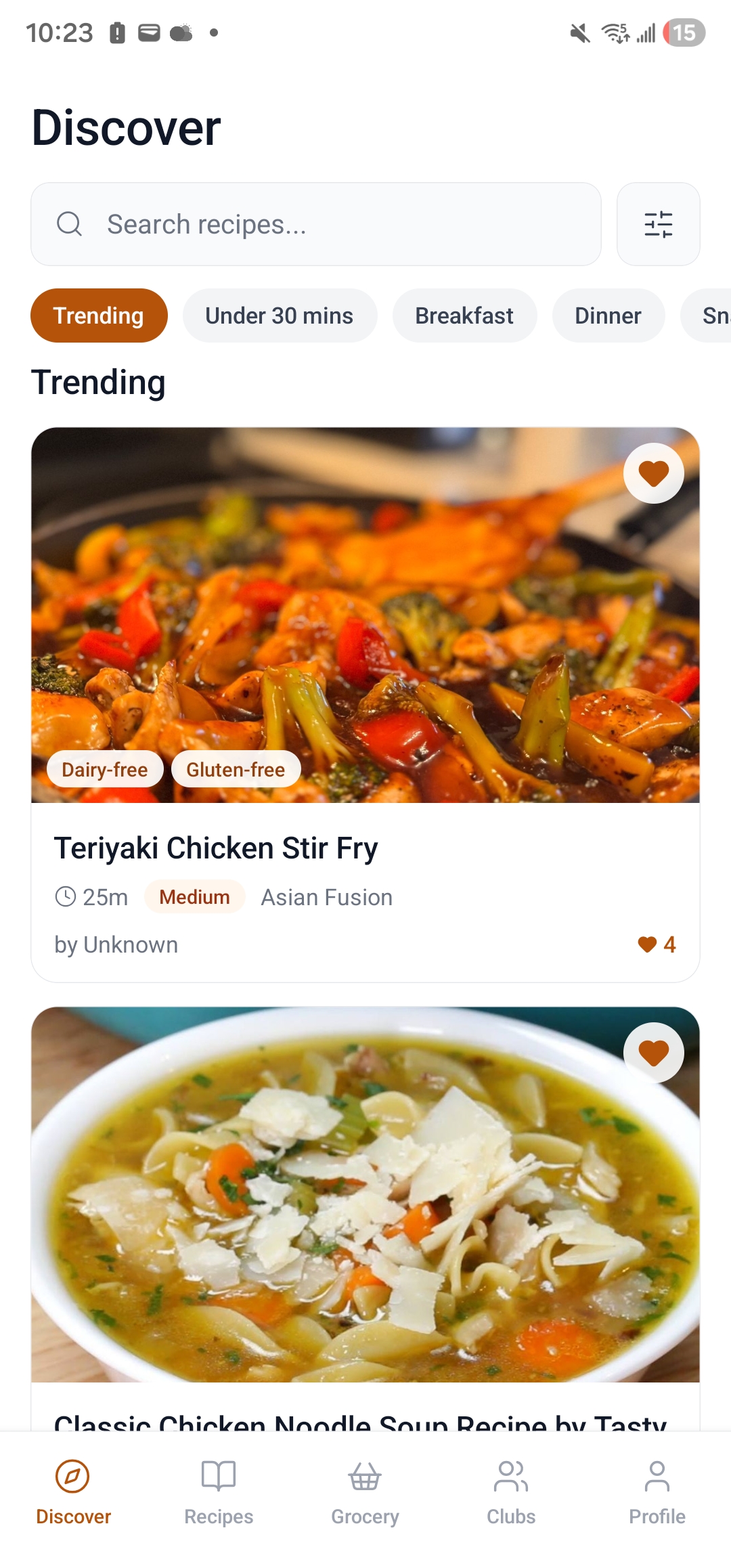 CookCart Android app home screen showing saved recipes and grocery list