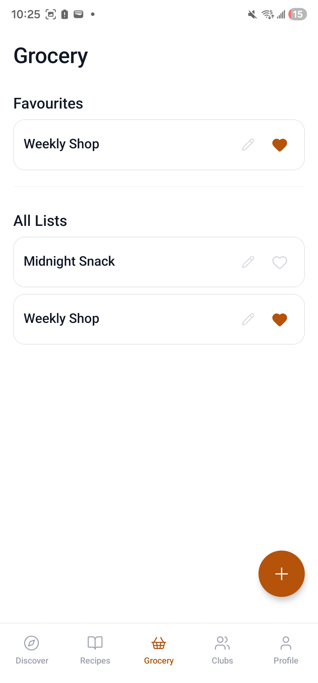 CookCart grocery list screen showing auto-generated shopping list from selected recipes