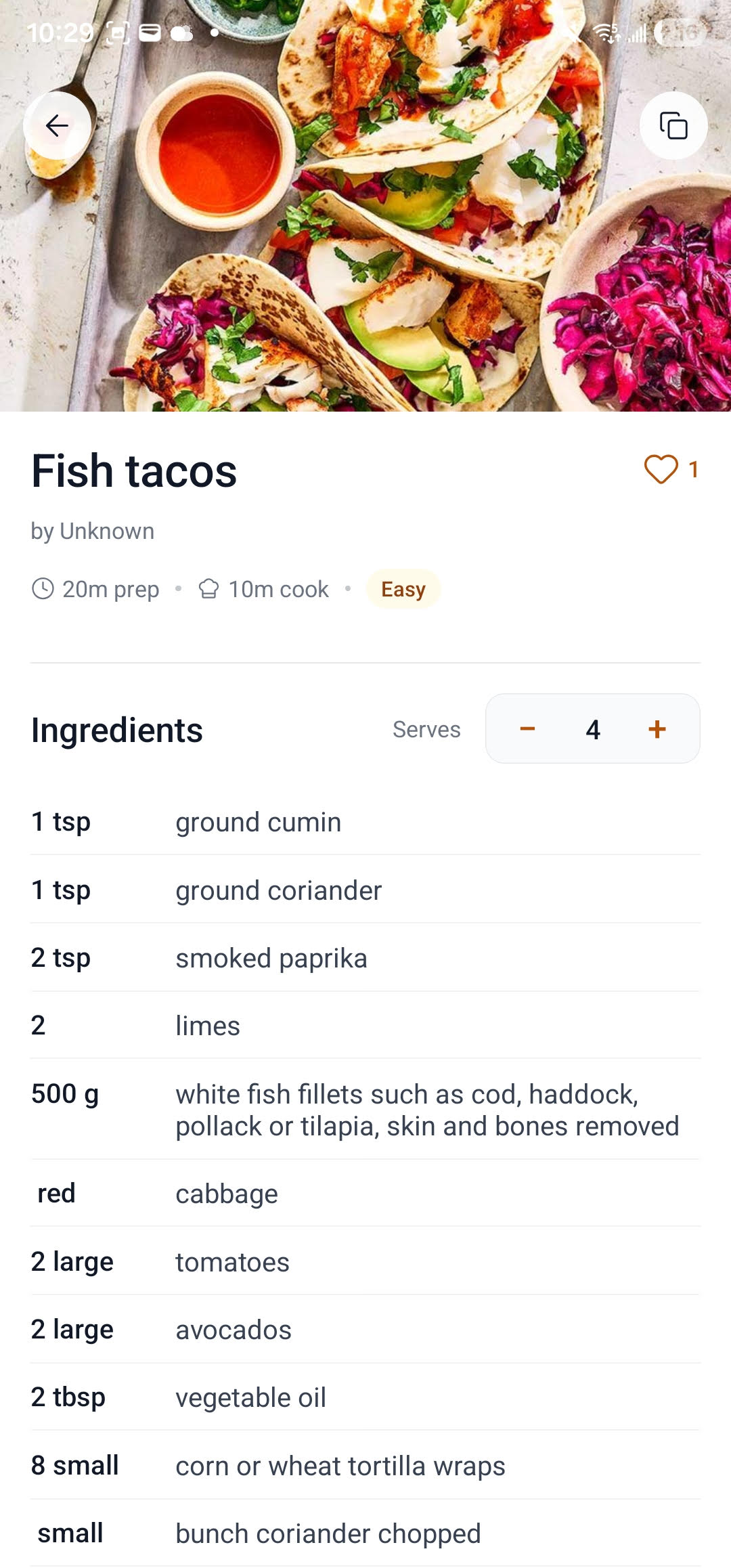 CookCart recipe detail screen showing ingredients and step-by-step instructions
