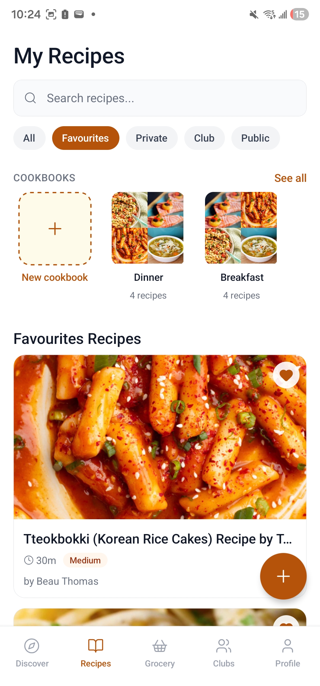 CookCart recipe collection screen showing saved recipes organized in a grid